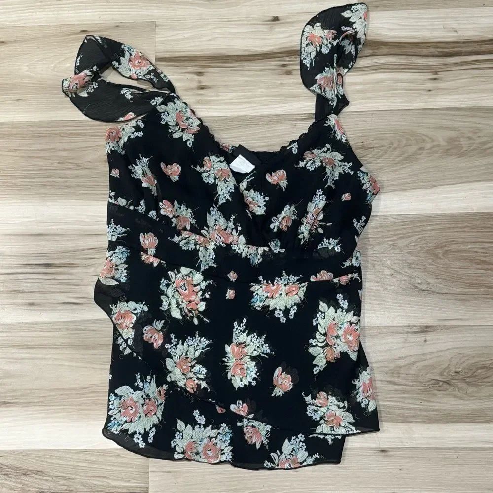 Torrid Black Floral Ruffle Tank Top Women’s 12